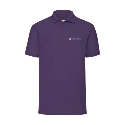 Paars gemleerd poloshirt met korte mouwen.