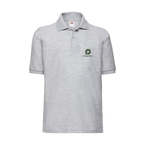 Grijs gemleerd kinderpoloshirt van polyester-katoenmix met korte mouwen.