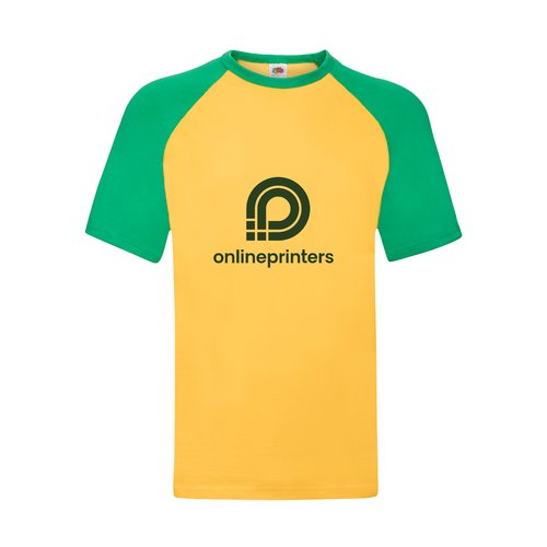 Geel/groen katoenen T-shirt met korte raglanmouwen.