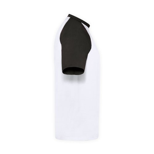 Wit katoenen t-shirt met zwarte mouwen en ronde hals.