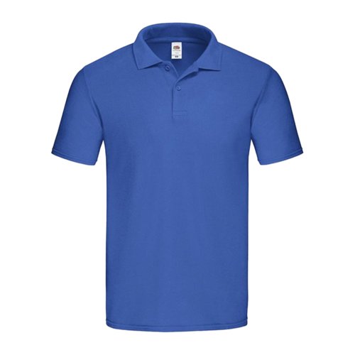 Koningsblauwe katoenen polo voor heren met korte knoopsluiting.