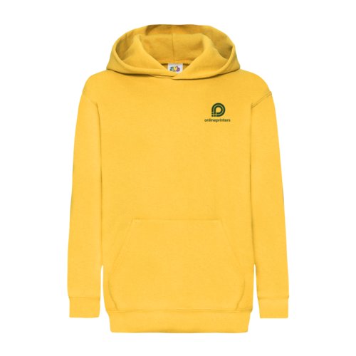 Gele katoenmix kinderhoodie met capuchon en kangaroezak.
