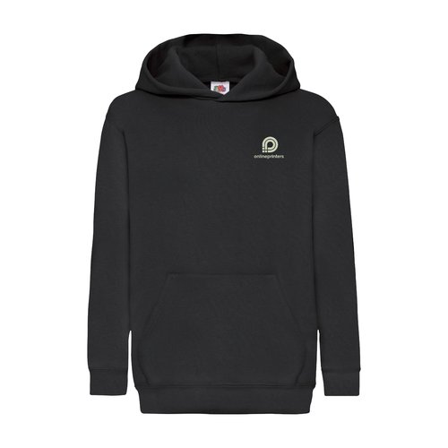 Zwarte kinderhoodie van katoenmix met capuchon en kangoeroezak.