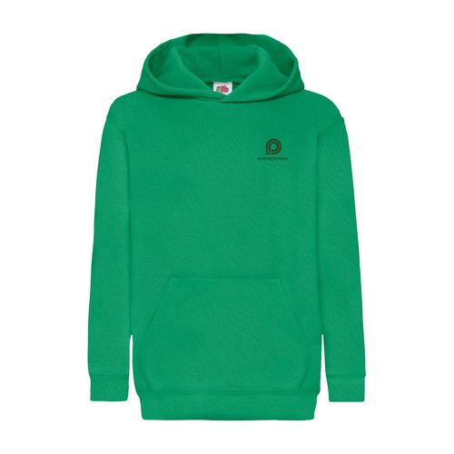Groene katoen-polyester hoodie voor kinderen met capuchon en kangoeroezak.
