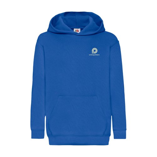 Koningsblauwe katoen-polyester kinderhoodie met capuchon en kangoeroezak.
