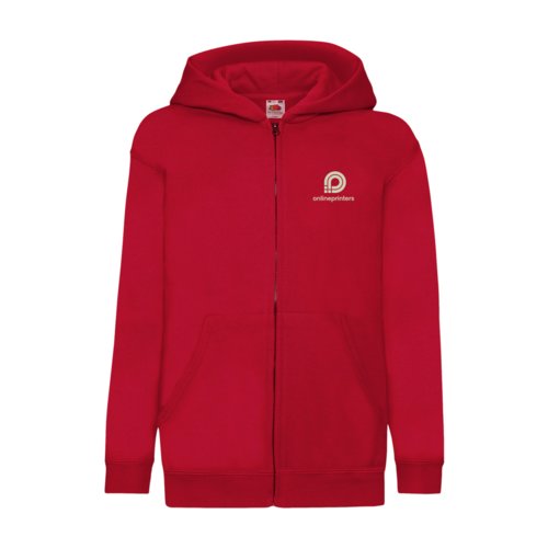 Rood katoenmix sweatjack voor kinderen met capuchon en volledige ritssluiting.