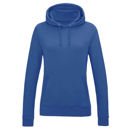 Koningsblauwe dameshoodie van katoen-polyester met capuchon en kangoeroezak.