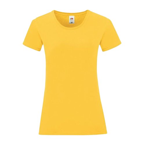 Geel katoenen T-shirt voor dames met korte mouwen.