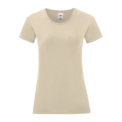 Beige katoenen T-shirt voor dames met ronde hals en korte mouwen.