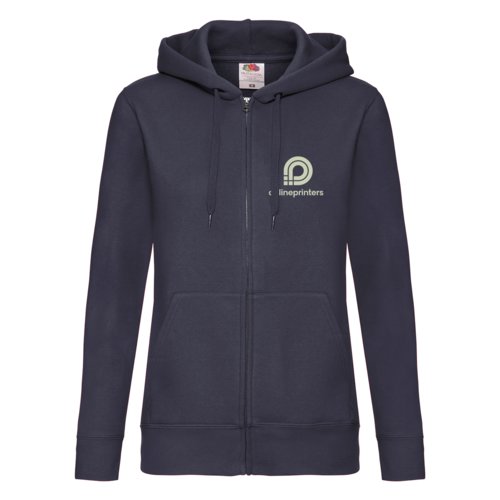 Donkerblauw damesvest met capuchon en volledige ritssluiting.
