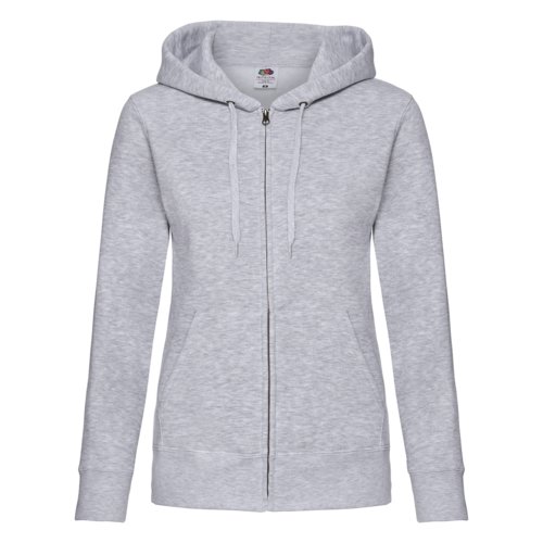 Grijs gemleerd dames hooded jacket van katoen-polyester met volledige ritssluiting en zakken.