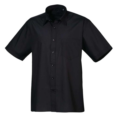 Zwart heren overhemd met korte mouwen van polyester en katoen met knoopsluiting.