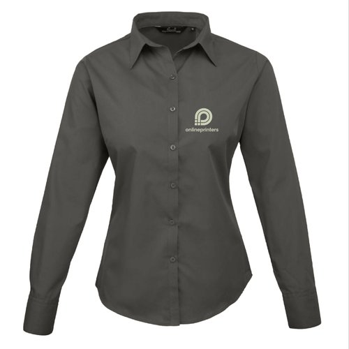Donkergrijze popeline blouse voor dames met lange mouwen en kraag.