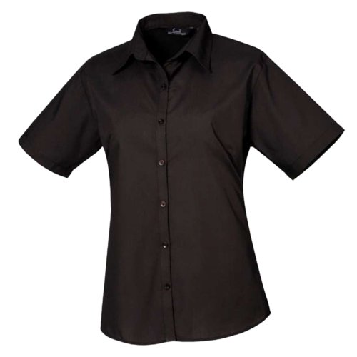 Zwarte poplin blouse met korte mouwen en knoopsluiting voor dames.