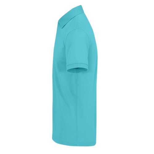 Turquoise katoenen poloshirt met korte mouwen.