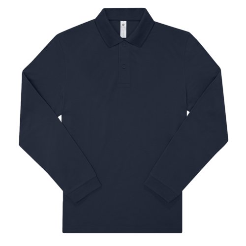 Marineblauwe katoenen poloshirt met lange mouwen en knoopsluiting.