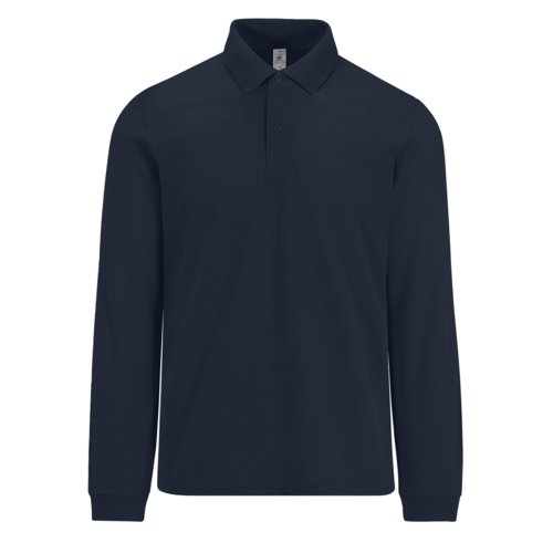 Marineblauwe katoenen poloshirt met lange mouwen en knoopsluiting.
