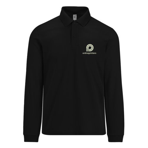 Zwart poloshirt met lange mouwen en knoopsluiting.