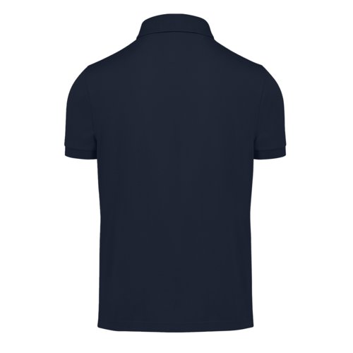 Marineblauwe katoenen polo voor heren met korte mouwen.