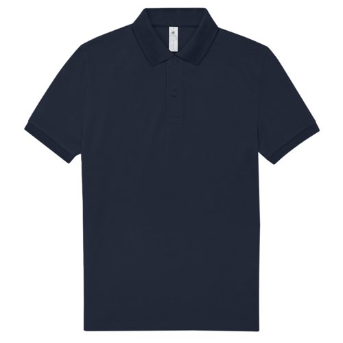 Marineblauwe katoenen polo voor heren met korte knoopsluiting.