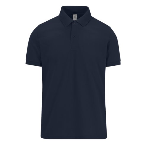 Marineblauwe katoenen polo voor heren met korte knoopsluiting.