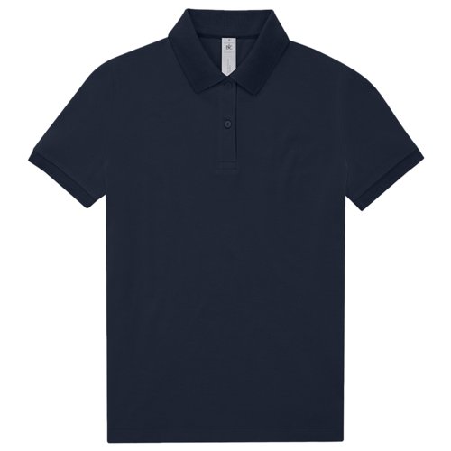 Marineblauwe katoenen polo voor dames met korte knoopsluiting.