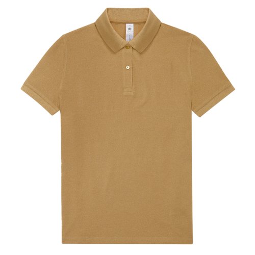 Bruin katoenen poloshirt voor dames met korte knoopsluiting.