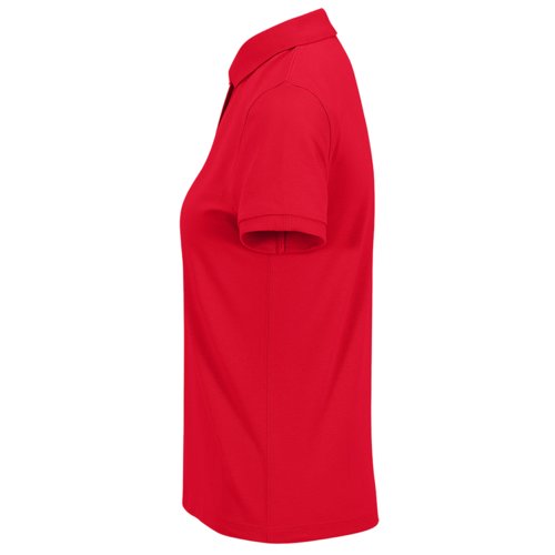 Rood katoenen damespoloshirt met korte knoopsluiting.