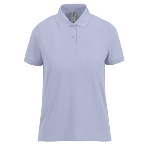 Paars katoenen damespoloshirt met korte knoopsluiting.