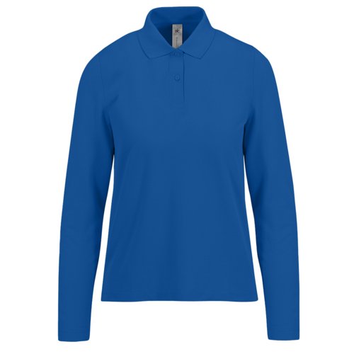 Koningsblauwe katoenen polo met lange mouwen voor dames.