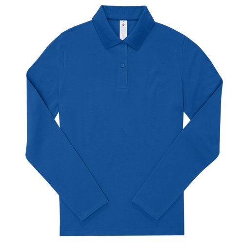 Koningsblauwe katoenen polo met lange mouwen, damespasvorm.