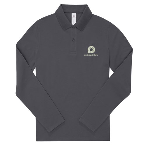 Donkergrijs katoenen damespoloshirt met lange mouwen.