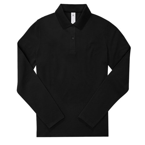Zwart katoenen poloshirt met lange mouwen en knoopsluiting.