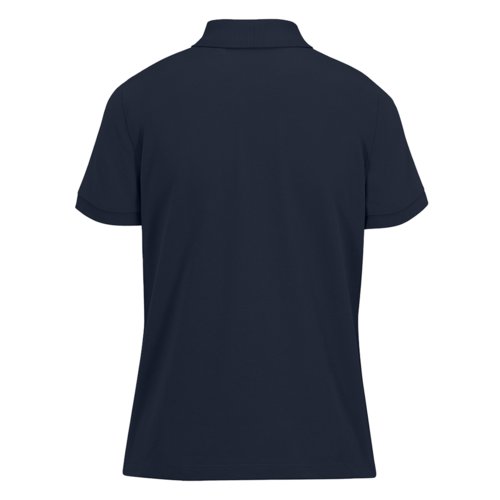 Marineblauwe polo van gerecycled polyester en katoen voor dames.