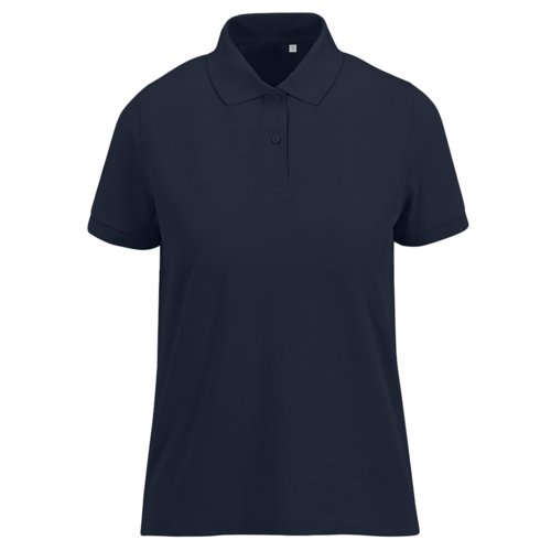 Marineblauwe damespolo van gerecycled polyester en katoen met korte mouwen.