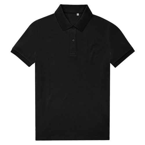 Zwart damespoloshirt van gerecycled polyester en katoen.