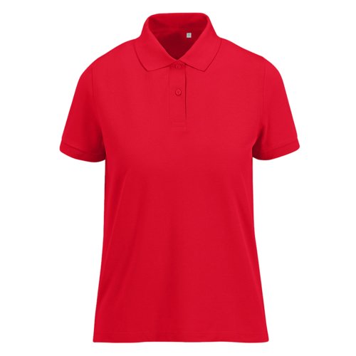 Rood damespoloshirt van gerecycled polyester-katoenmix.