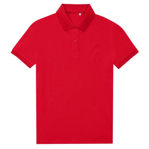 Rood poloshirt van gerecycled polyester-katoenmix, damesmodel.