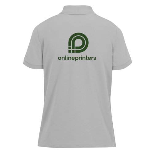 Grijs damespoloshirt van gerecycled polyester en katoen.