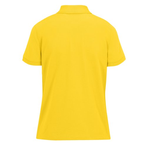 Geel damespoloshirt van gerecycled polyester en katoen met korte mouwen.