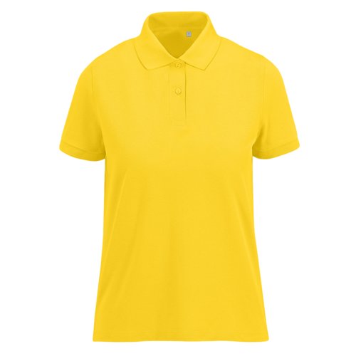 Geel damespoloshirt van gerecycled polyester en katoen.