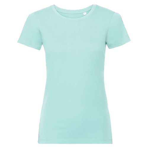 Aquablauw dames-T-shirt van biologisch katoen met korte mouwen.
