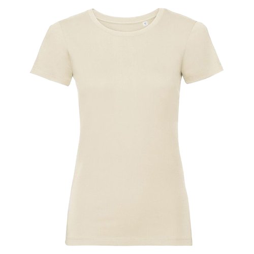 Beige katoenen T-shirt voor dames met korte mouwen.