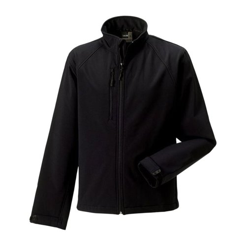 Zwarte softshell jas van polyester en elastaan voor heren met ritssluiting.
