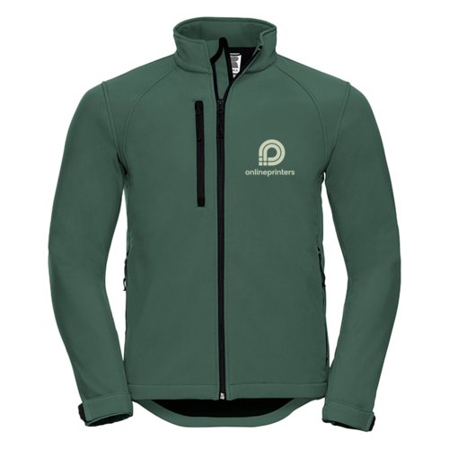 Groene softshell jas voor heren met volledige ritssluiting.