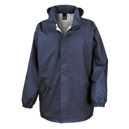 Marineblauwe polyester regenjas voor heren met capuchon.