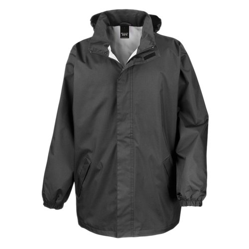 Zwarte polyester regenjas met capuchon.