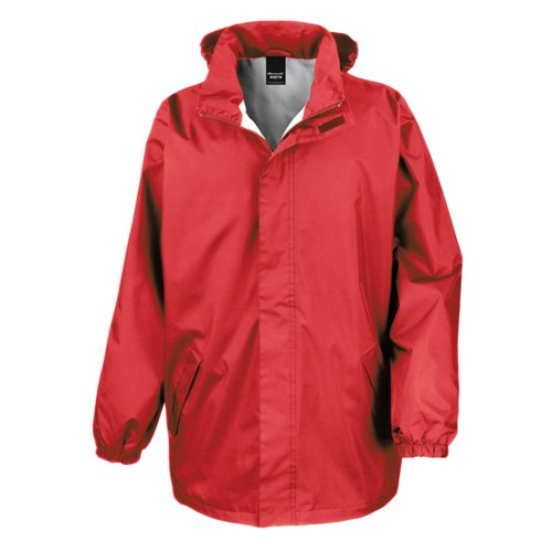 Rode polyester regenjas met capuchon en zakken.