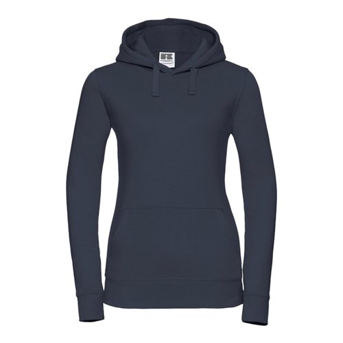 Marineblauwe katoen-polyester hoodie voor dames met capuchon en kangoeroezak.
