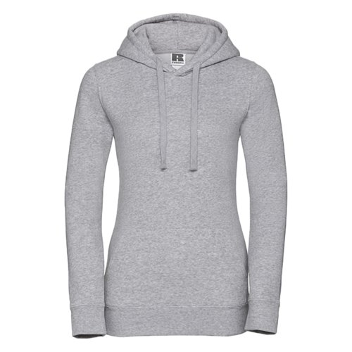 Grijze katoen-polyester dameshoodie met capuchon en trekkoord.